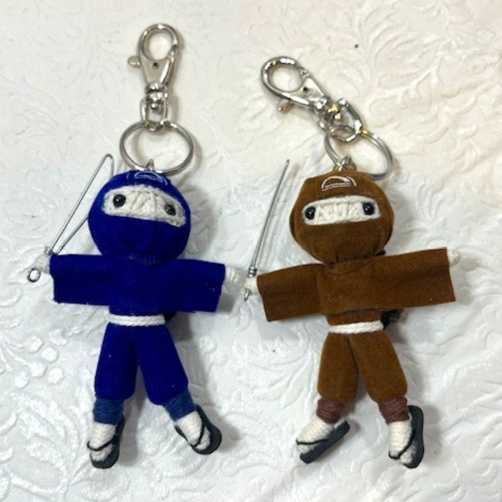 TWO Ninja String Doll Keychain Toys w/Swords Royal Blue/Brown 2.5" x 3" NEW
